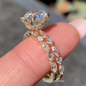 3CT Round Cut Moissanite Diamond Engagement Ring Set With Half Eternity Band Round Cut Engagement Ring Set 14K Gold Wedding Ring Set For Her