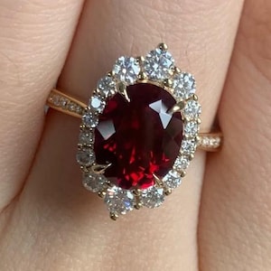 Ruby Red Oval Moissanite Halo Ring | Vintage Oval Engagement Ring | Antique Inspired Wedding Ring | Anniversary Statement Ring| Gift for Her