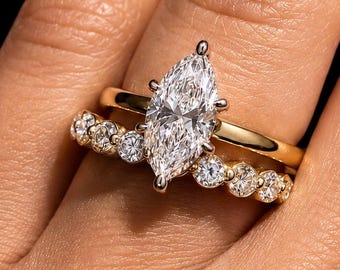 Marquise Moissanite Bridal Set 2.5 CT Solitaire Engagement Ring with Matching Eternity Band, 14K Gold Wedding Ring Bridal Ring Set For Women