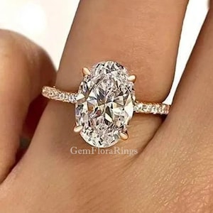 3CT Oval Cut Moissanite Ring, Moissanite Engagement Ring, Solitaire Ring with Hidden Halo 14K Solid Gold Wedding Proposal Ring Gift For Her.
