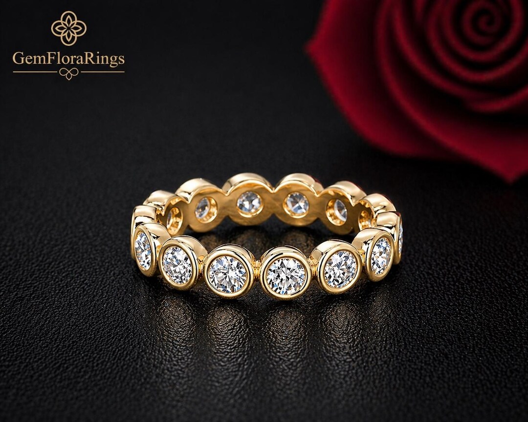Bezel Set Moissanite Eternity Band | 14K Gold Wedding Ring | Round Cut ...