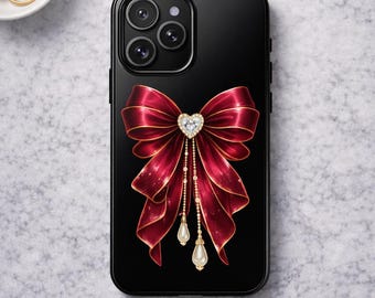 Burgundy Bow iPhone Case, Luxury Coquette Phone Case, Red Ribbon Pearl Heart Case, Cute Elegant Girly Gift for Her