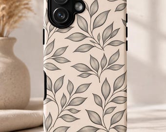 Minimalist Leaf Phone Case | Beige Botanical Pattern Case | Aesthetic Floral Tough Case Matte