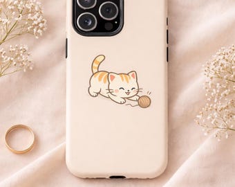 Cute Kitten with Yarn iPhone Case, Playful Cat Phone Case, Kawaii Cat Lover Gift, Minimalist Beige iPhone Cover