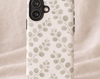 Botanical iPhone Case, Eucalyptus Leaf Phone Case, Neutral Beige Tough Case, Minimalist Floral iPhone Cover