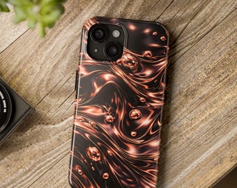 Copper Liquid Swirl Phone Case, Metallic Wave Tough Case, Glossy Black Bronze iPhone Case, Abstract Luxury Phone Cover