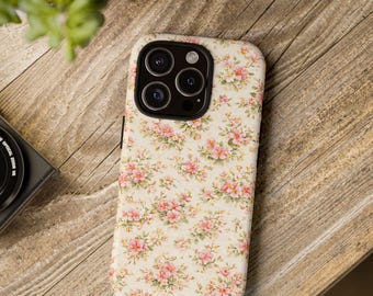 Pink Floral iPhone Case, Vintage Rose Phone Case, Cute Cottagecore Coquette Aesthetic, Tough Protective Cover for iPhone 15 14
