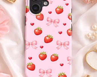 Cute Strawberry Bow Phone Case, Pink Coquette Aesthetic iPhone Case, Girly Strawberry Pattern Case with Hearts