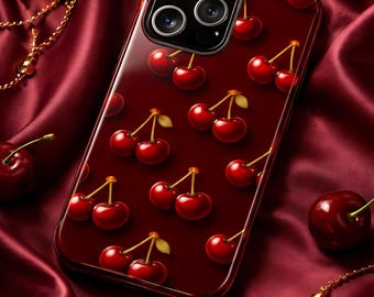 Dark Cherry iPhone 17 16 15 14 Case, Glossy Red Aesthetic Tough Phone Cover for Pro Max Plus