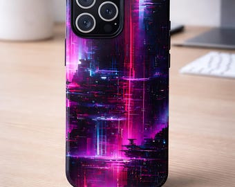 Cyberpunk iPhone Case Neon Grid, Futuristic Tech Phone Case, Blue Pink Circuit Pattern, Gamer Aesthetic, Tough Protective Cover