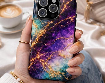 Purple Teal Marble Phone Case, Gold Vein Galaxy Case, Amethyst Nebula Tough Case, Luxury Marble iPhone Case, Kintsugi Style Cover