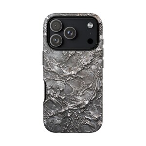 Silver Chrome Glossy Phone Case for iPhone 17 16 15 14 Pro Max Plus, Liquid Metal Abstract Swirl Design Cover image 4