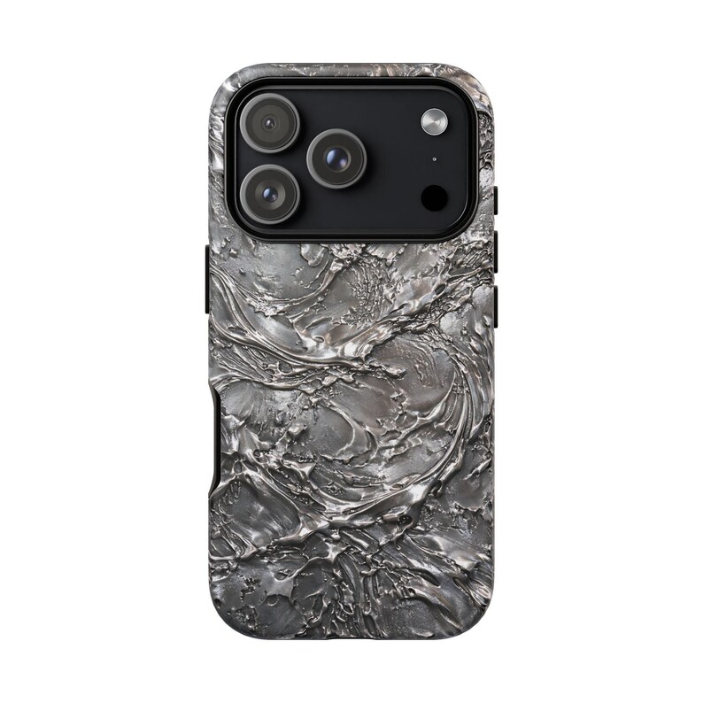 Silver Chrome Glossy Phone Case for iPhone 17 16 15 14 Pro Max Plus, Liquid Metal Abstract Swirl Design Cover image 4