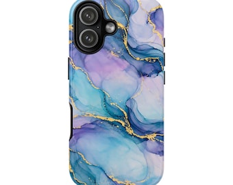Blue Gold Marble iPhone 17 16 15 14 Case Glossy Luxury Alcohol Ink Protective Phone Cover