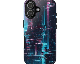 Cyberpunk Neon Glitch Phone Case, Futuristic Tech City Aesthetic Glossy Tough Case for iPhone 17 Pro Max 16 15 14