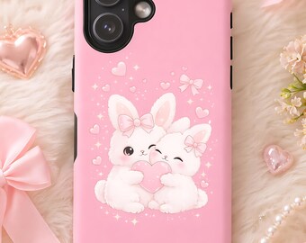 Cute Kawaii Bunny Phone Case, Pink Rabbit Couple Case, Coquette Aesthetic iPhone Case, Girly Pastel Love Cover, Tough Protective Case