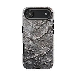 Silver Chrome Glossy Phone Case for iPhone 17 16 15 14 Pro Max Plus, Liquid Metal Abstract Swirl Design Cover image 3
