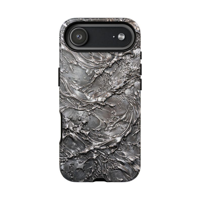 Silver Chrome Glossy Phone Case for iPhone 17 16 15 14 Pro Max Plus, Liquid Metal Abstract Swirl Design Cover image 3