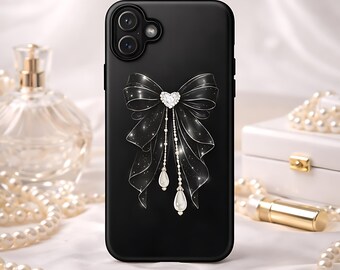 Coquette Bow Phone Case, Black Ribbon Pearl iPhone Case, Luxury Rhinestone Heart Aesthetic, Cute Feminine Tough Case iPhone 17 16 15 14