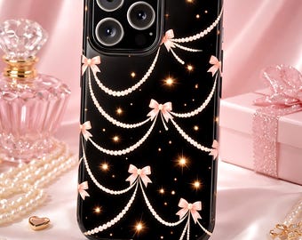 Coquette Pearl Bow Phone Case, Pink Bows iPhone Case, Girly Cute Aesthetic, Black Luxury Cute Case for iPhone 17 16 15 14 Pro Max