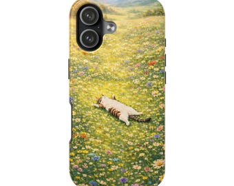 Cottagecore Cat iPhone Case, Floral Meadow Aesthetic Phone Cover for iPhone 17 16 15 14 Pro Max Plus