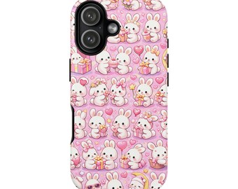 Kawaii Bunny Phone Case, Cute Pink Rabbit Pattern Case, Coquette iPhone Case, Girly Heart Aesthetic, Tough Protective Cover