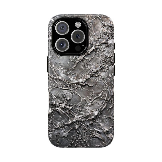 Silver Chrome Glossy Phone Case for iPhone 17 16 15 14 Pro Max Plus, Liquid Metal Abstract Swirl Design Cover