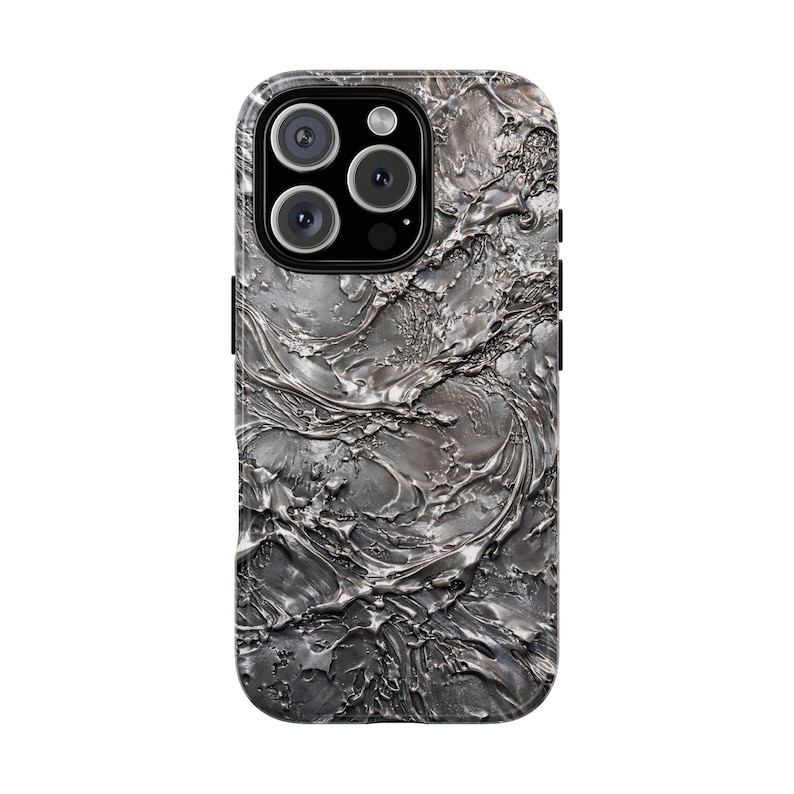 Silver Chrome Glossy Phone Case for iPhone 17 16 15 14 Pro Max Plus, Liquid Metal Abstract Swirl Design Cover image 1
