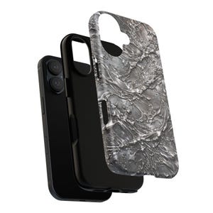 Silver Chrome Glossy Phone Case for iPhone 17 16 15 14 Pro Max Plus, Liquid Metal Abstract Swirl Design Cover image 6