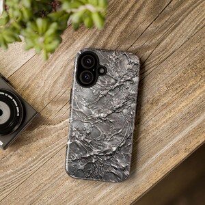 Silver Chrome Glossy Phone Case for iPhone 17 16 15 14 Pro Max Plus, Liquid Metal Abstract Swirl Design Cover image 5