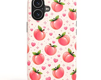 Cute Peach Phone Case, Peach Aesthetic iPhone Case, Coquette Fruit Hearts Pattern, Girly Pink iPhone 17 16 15 14 Pro Max Tough Case