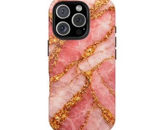 Luxury Pink Gold Marble Tough Phone Case, Protective iPhone Case, Rose Quartz Kintsugi Gold Case, Cute Girly Aesthetic Glam Cover