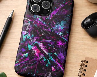 Cyberpunk Glitch Phone Case, Neon Paint Splatter Tough Case, Abstract Futuristic iPhone Case, Pink Blue Purple Tech Case