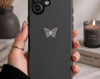 Minimalist Butterfly iPhone Case, Delicate Line Art Phone Case, Aesthetic Tough Case, Matte Graphite Cover