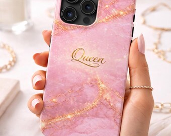 Pink Marble Queen Phone Case, Gold Glitter iPhone Case, Luxury Girly Aesthetic Cover, Cute Feminine Gift for Her