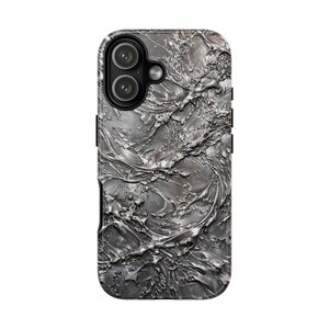 Silver Chrome Glossy Phone Case for iPhone 17 16 15 14 Pro Max Plus, Liquid Metal Abstract Swirl Design Cover image 2