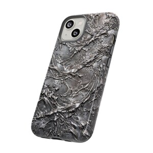 Silver Chrome Glossy Phone Case for iPhone 17 16 15 14 Pro Max Plus, Liquid Metal Abstract Swirl Design Cover image 7