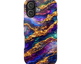 Purple Blue Gold Agate Marble Phone Case, Galaxy Marble iPhone Case, Luxury Abstract Swirl Tough Case