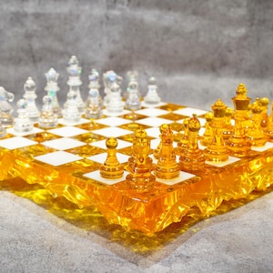 Golden Crystal Resin Chess Set: Handmade Luxury Modern For Chess Lovers | Exquisite Gift & Decor