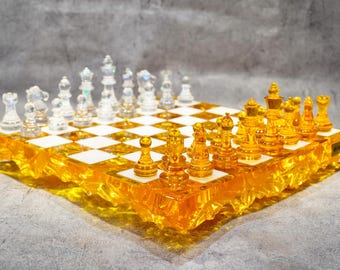 Golden Crystal Resin Chess Set: Handmade Luxury Modern For Chess Lovers | Exquisite Gift & Decor