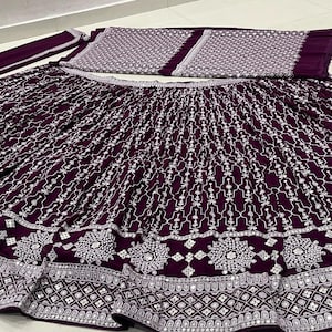Wine Lehenga Choli: Fox Georgette Embroidery, Indian Wedding Wear (Semi-Stitched)