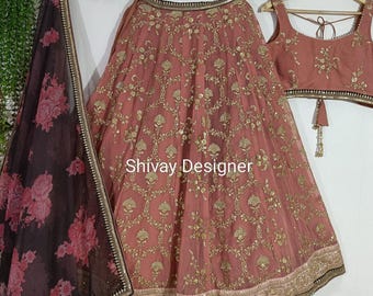 Pink Lehenga Choli: Georgette Indian Wedding Dress with Sequin Embroidery