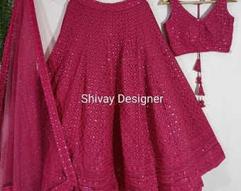 Lehenga Choli rose : robe de mariée indienne en georgette, broderie Resham et sequins