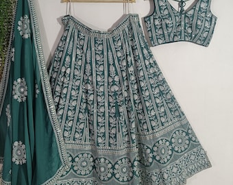 Teal Grün Lehenga Choli : Fox Georgette Stickerei Indische Hochzeitskleidung