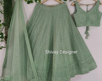 Pistachio Green Lehenga Choli: Georgette Embroidery Indian Wedding Wear