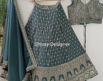 Teal Grün Lehenga Choli : Georgette Stickerei Indische Hochzeitskleidung