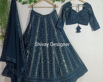 Teal Blue Lehenga Choli : Georgette Stickerei Indische Hochzeitskleidung