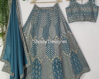Lehenga Choli: Faden- und Paillettenstickerei, indische Hochzeitskleidung