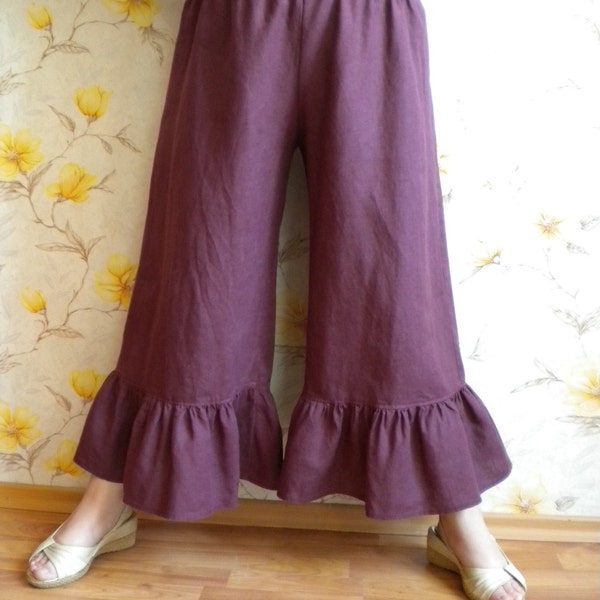 boho ruffle pants, wide leg linen bloomers knickers, flax pantaloons britches, loose baggy linen trousers, free shipping