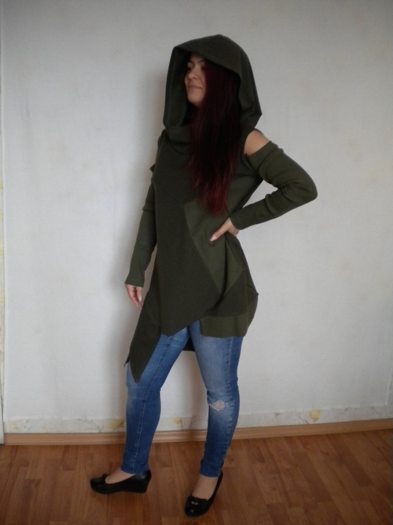 M-L cold shoulder long sleeve tunic top hooded sweater tunic dress asymmetric hooded cowl tunic top in moss green pixie asymmetric hippie